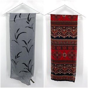 Vtg Echo Two Silk Scarves Red Gray Leaf Medallion